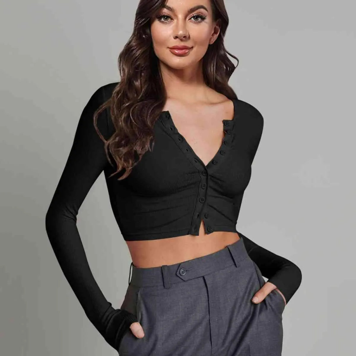 Double Take Button Down Long Sleeve Cropped Top Black Blouses - Tophatter Daily Deals