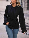 Round Neck Tie Waist Long Sleeve Blouse Blouses - Tophatter Daily Deals