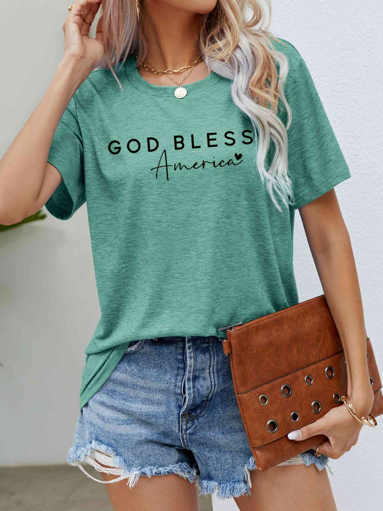 GOD BLESS AMERICA Graphic Short Sleeve Tee Gum Leaf Women's T-Shirts - Tophatter Daily Deals