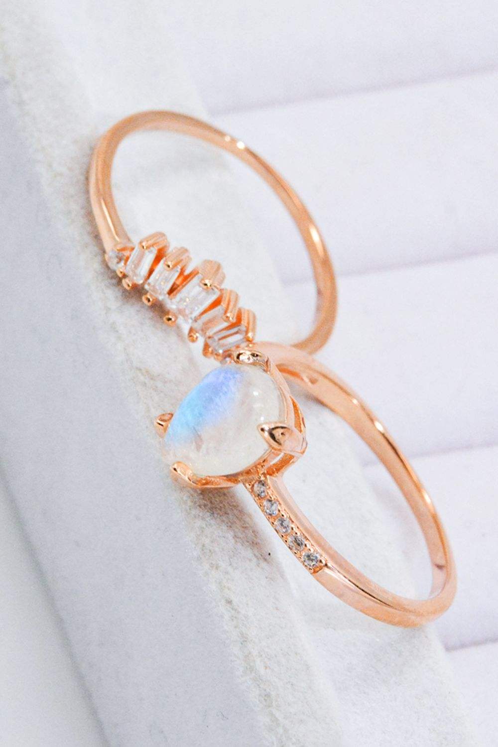 Natural Moonstone and Zircon 18K Rose Gold-Plated Two-Piece Ring Set Moonstone - Tophatter Daily Deals