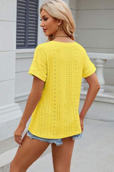 Eyelet V-Neck Short Sleeve T-Shirt Women's T-Shirts - Tophatter Daily Deals