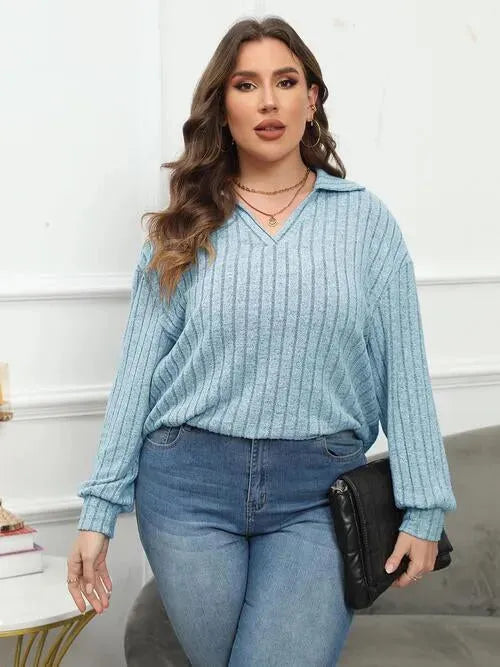 Plus Size Ribbed Collared Neck Long Sleeve Blouse Pastel Blue Blouses - Tophatter Daily Deals