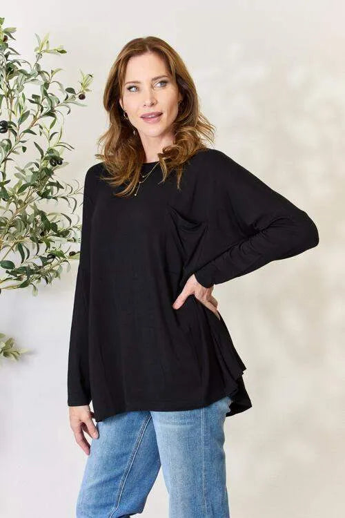 Zenana Full Size Round Neck Long Sleeve Top with Pocket Blouses - Tophatter Daily Deals