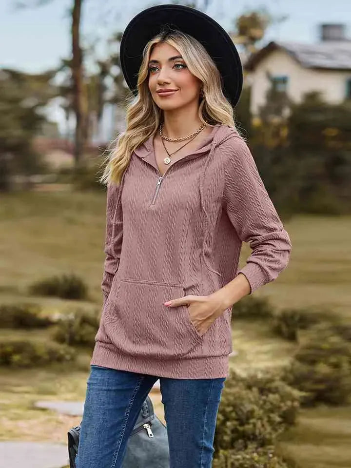Cable-Knit Zip-Up Hooded Blouse Blouses - Tophatter Daily Deals