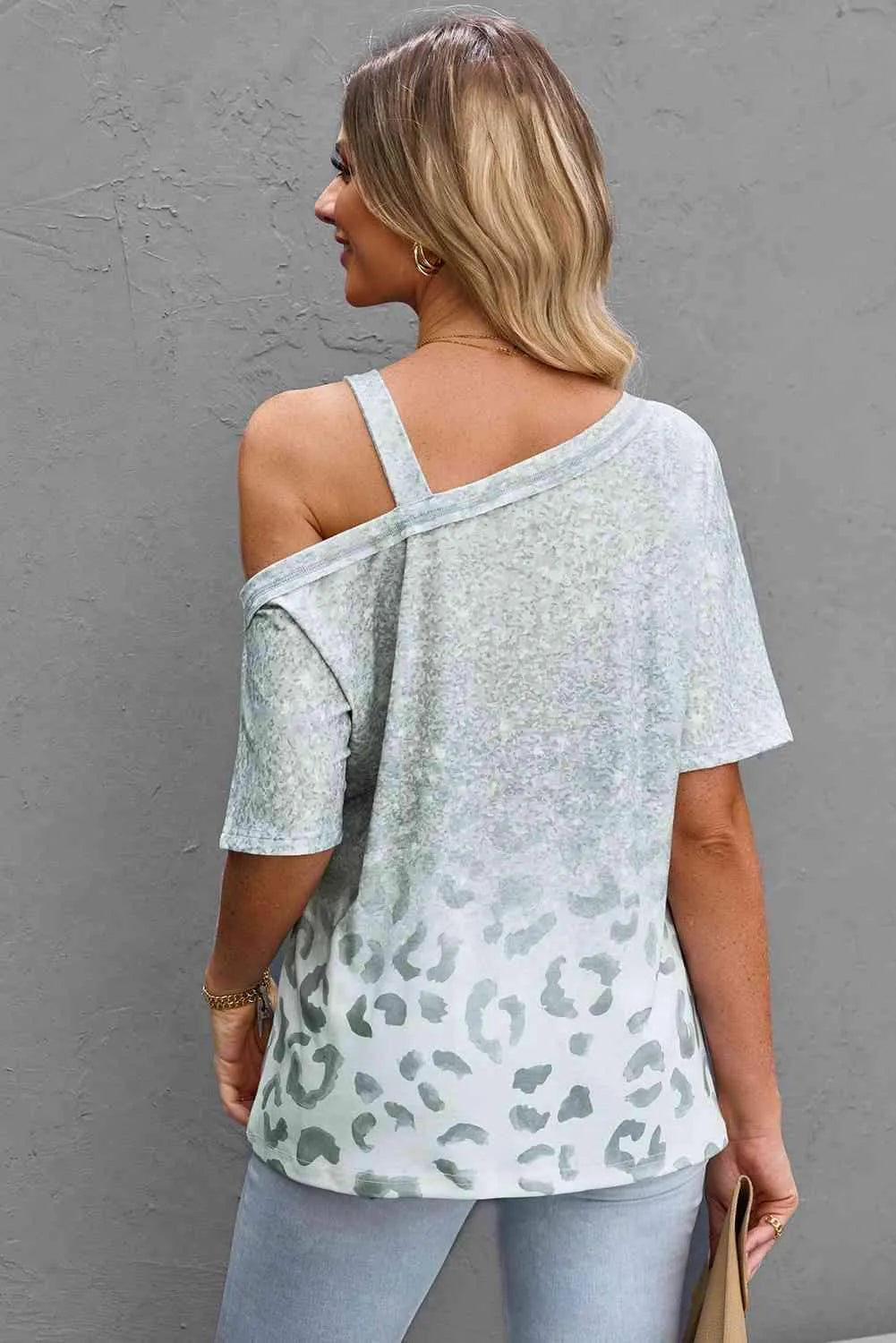 Leopard Asymmetrical Neck Cold-Shoulder Blouse Blouses - Tophatter Daily Deals