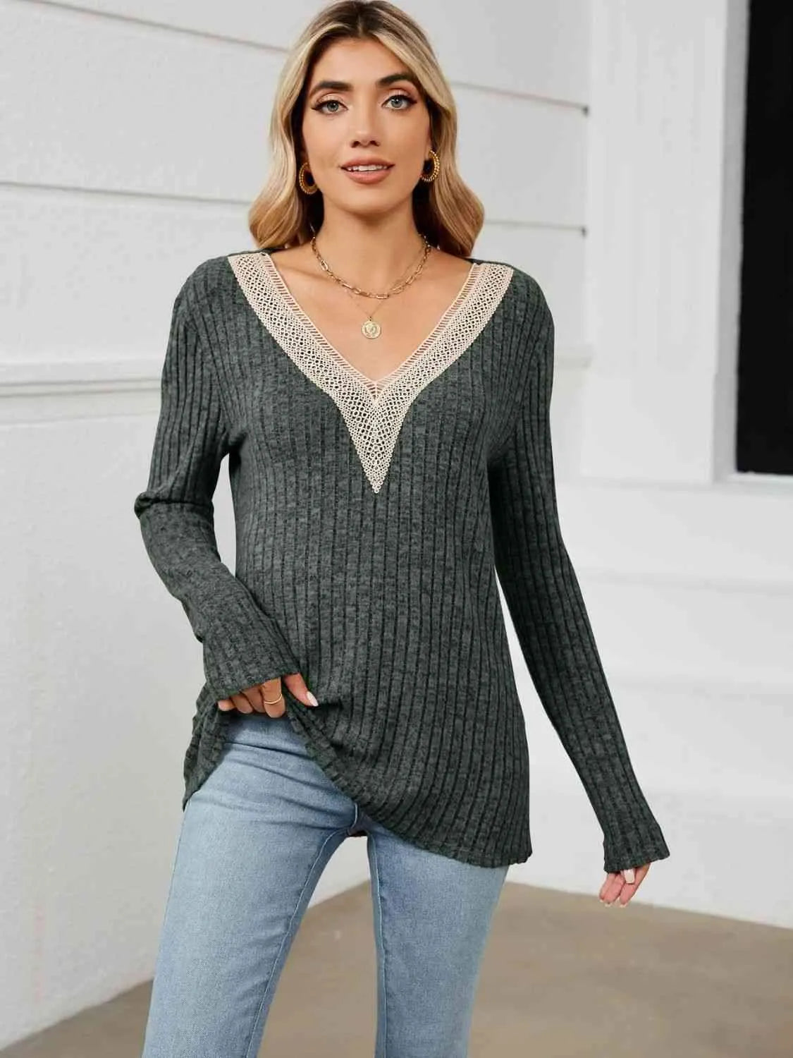 Contrast V-Neck Long Sleeve Blouse Black Forest Blouses - Tophatter Daily Deals