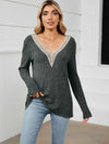 Contrast V-Neck Long Sleeve Blouse Black Forest Blouses - Tophatter Daily Deals