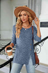 Buttoned Long Sleeve Slit Top Dusty Blue Blouses - Tophatter Daily Deals