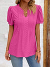 Eyelet Notched Puff Sleeve T-Shirt Women's T-Shirts - Tophatter Daily Deals