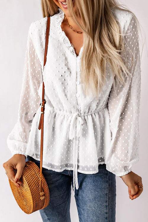 Ruffle Trim Drawstring Long Sleeve Blouse White Blouses - Tophatter Daily Deals