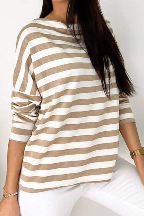 Striped Round Neck Long Sleeve Blouse Blouses - Tophatter Daily Deals