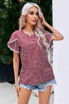 Printed Pom Pom Detail Petal Sleeve Blouse Wine Blouses - Tophatter Daily Deals