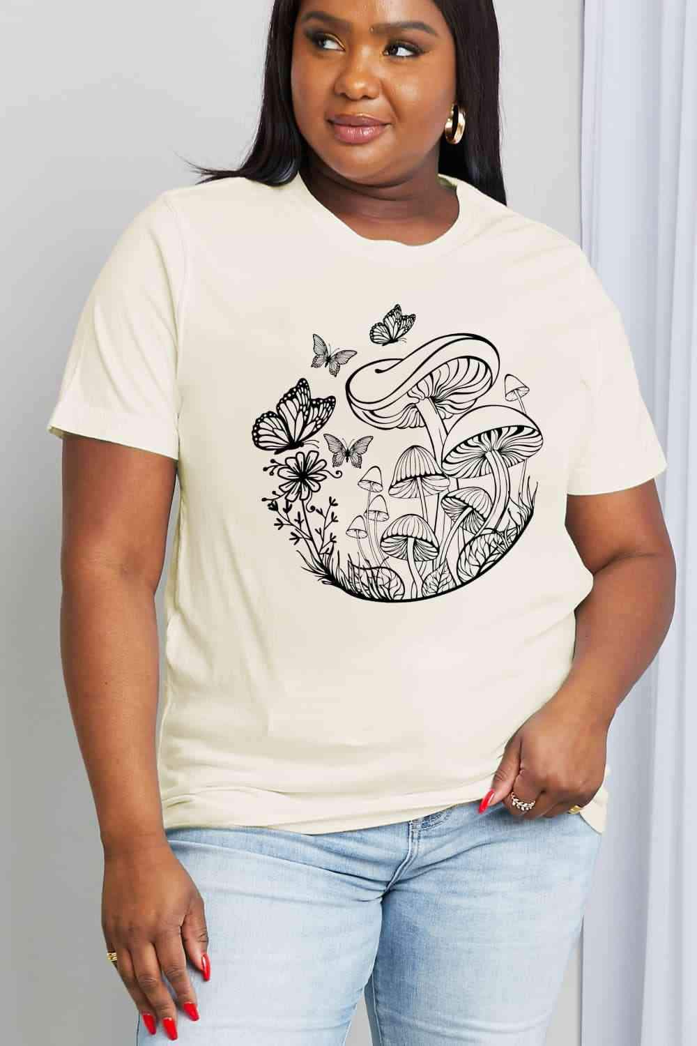 Simply Love Full Size Butterfly & Mushroom Graphic Cotton Tee Ivory Women's T-Shirts - Tophatter Daily Deals