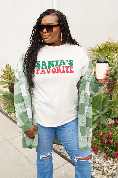 Simply Love Full Size SANTA'S FAVORITE Round Neck T-Shirt White Women's T-Shirts - Tophatter Daily Deals