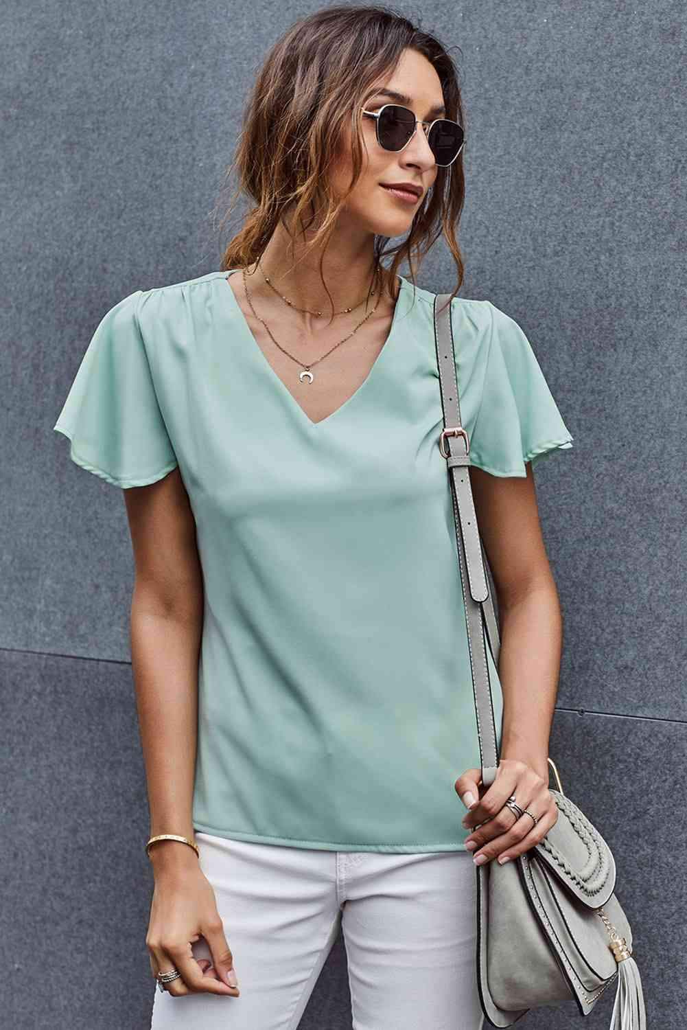 V-Neck Flutter Sleeve Blouse Blouses - Tophatter Daily Deals