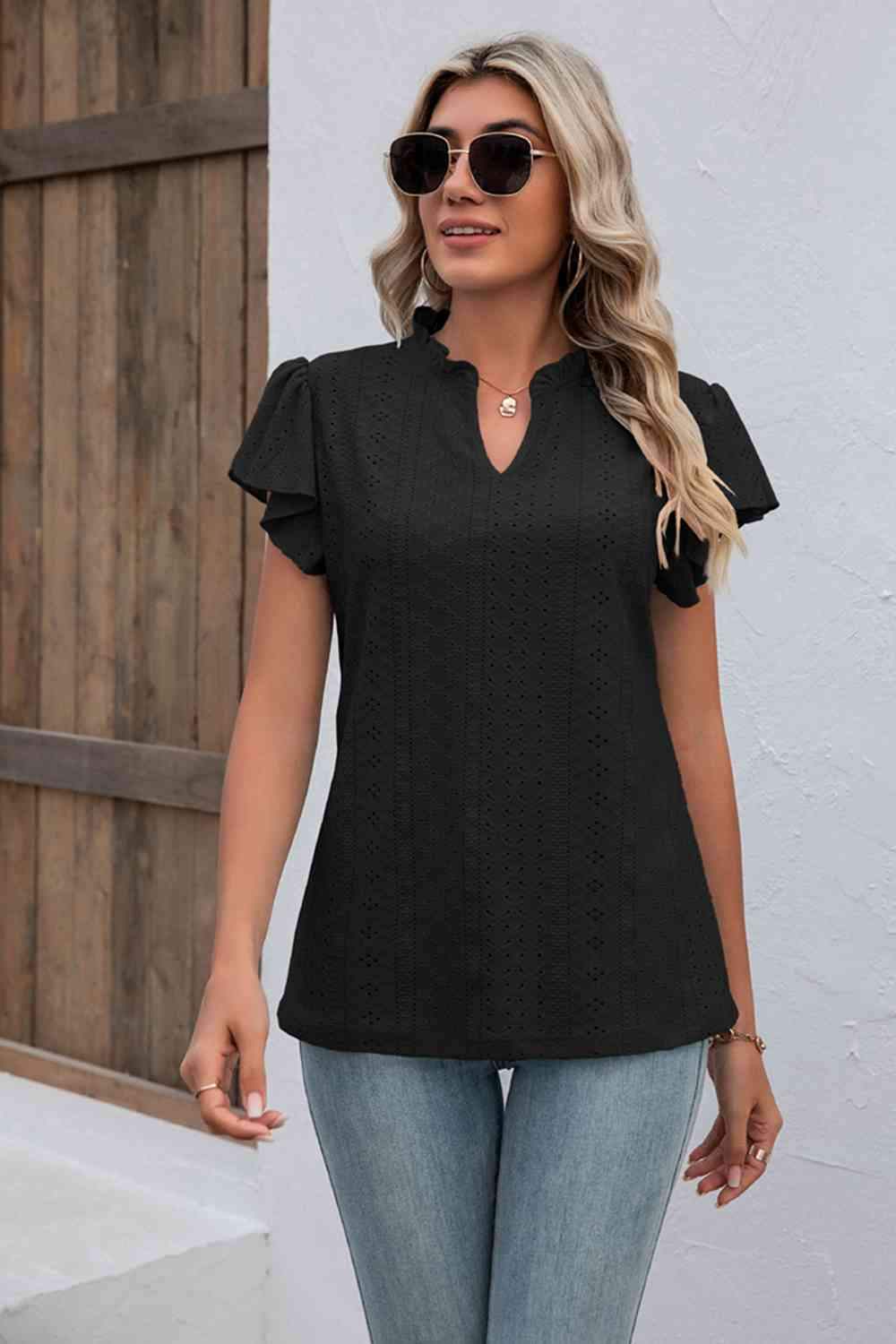 Eyelet Notched Neck Flutter Sleeve Top Women's T-Shirts - Tophatter Daily Deals