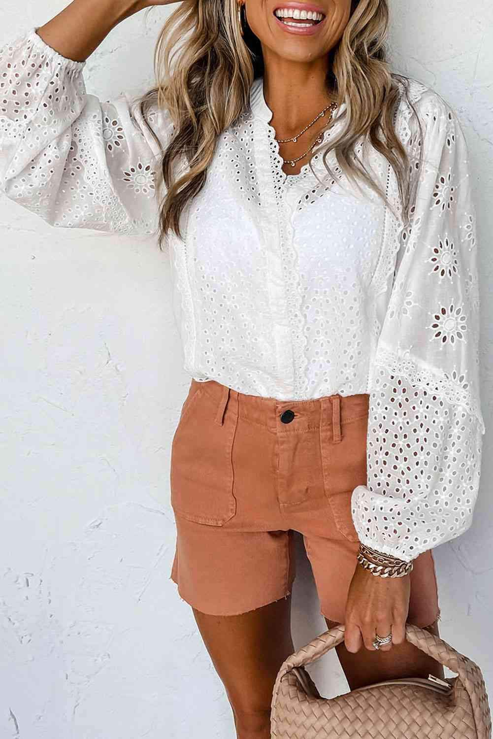 V-Neck Openwork Long Sleeve Blouse White Blouses - Tophatter Daily Deals