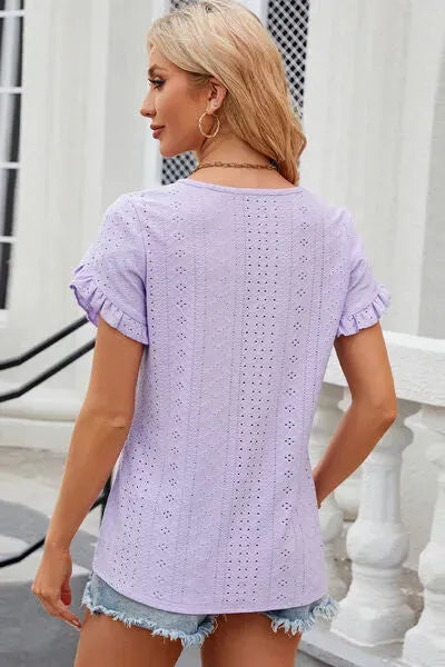 Eyelet Round Neck Petal Sleeve T-Shirt Women's T-Shirts - Tophatter Daily Deals