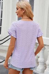 Eyelet Round Neck Petal Sleeve T-Shirt Women's T-Shirts - Tophatter Daily Deals