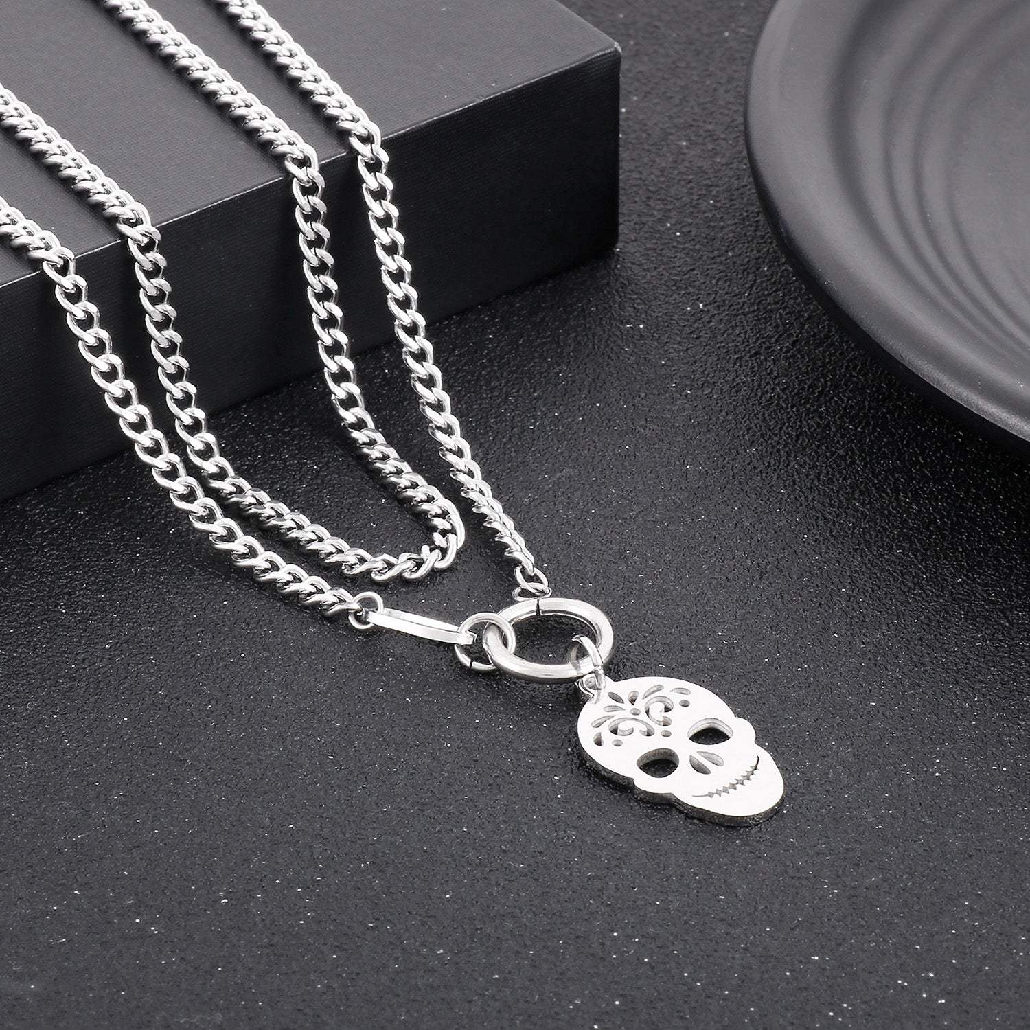 Skull Shape Double-Layered Pendant Necklace Silver One Size Necklaces - Tophatter Daily Deals