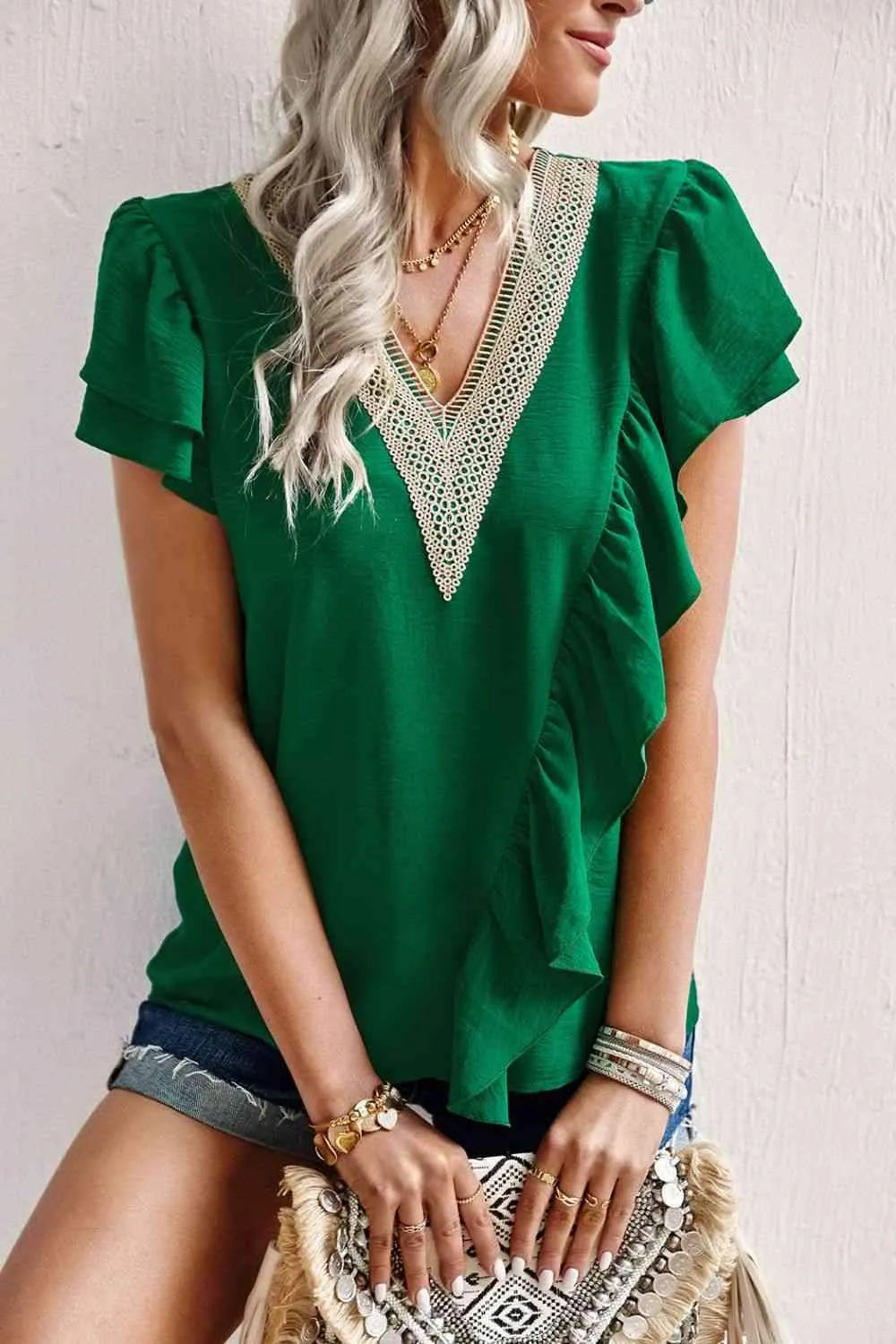 Contrast Ruffle Trim Flutter Sleeve Blouse Forest Blouses - Tophatter Daily Deals