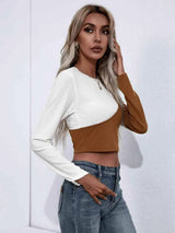 Cropped Contrast Color Round Neck Short Sleeve Tee Women's T-Shirts - Tophatter Daily Deals