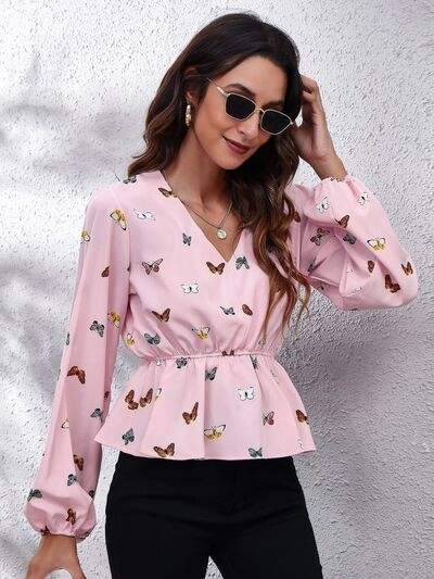 Butterfly V-Neck Balloon Sleeve Peplum Blouse Blouses - Tophatter Daily Deals