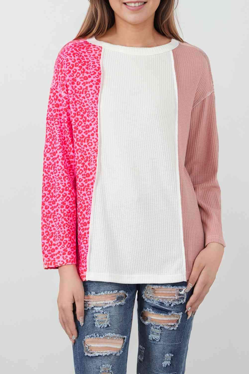 Waffle Knit Leopard Color Block Long Sleeve Top Light Mauve Blouses - Tophatter Daily Deals