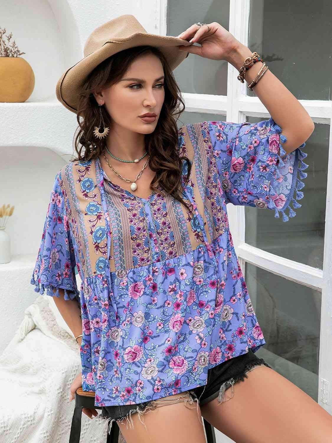 Plus Size Printed V-Neck Half Sleeve Blouse Electric Purple Blouses - Tophatter Daily Deals