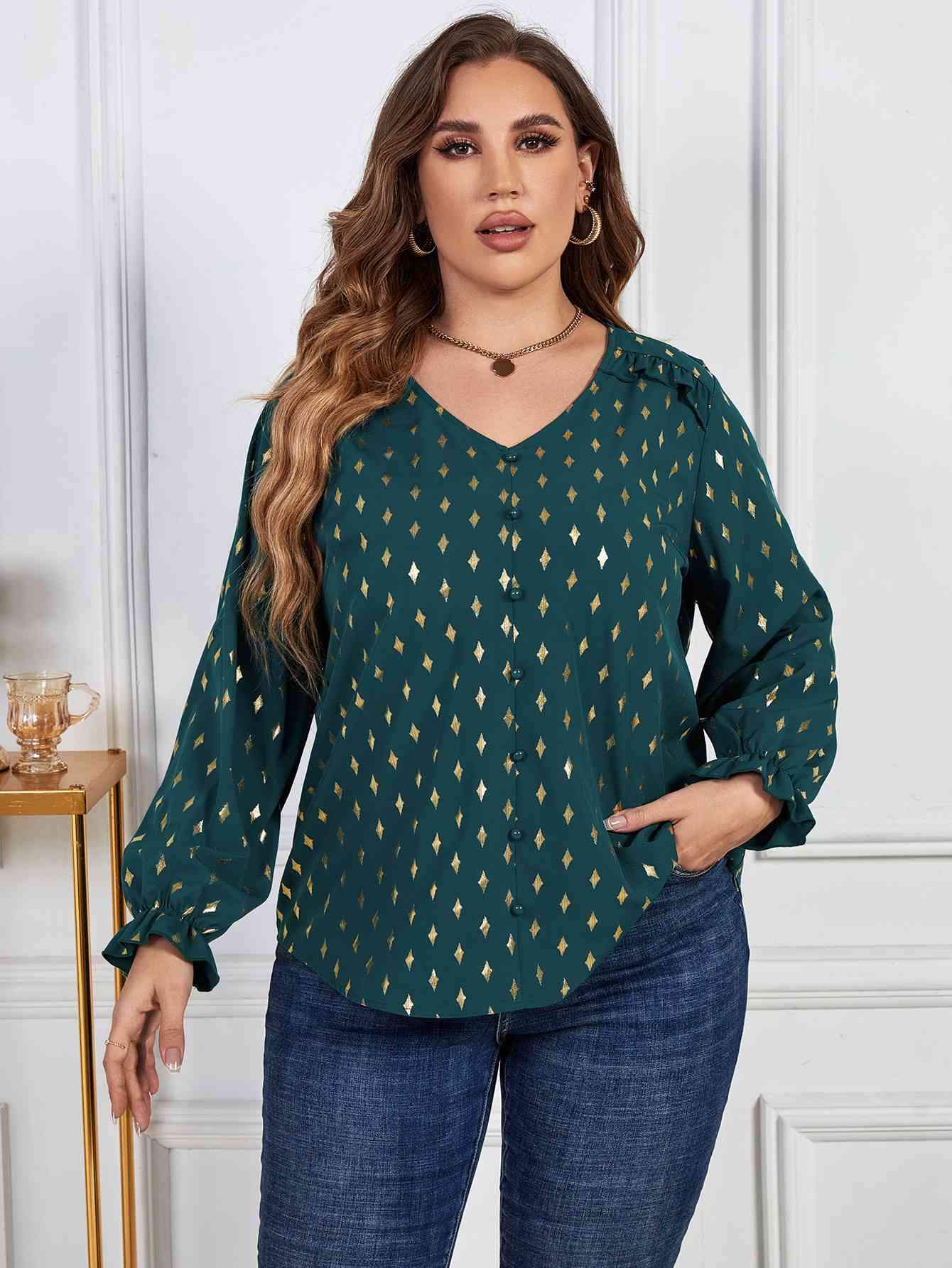 Melo Apparel Plus Size Printed Frill Trim Flounce Sleeve Blouse Green Blouses - Tophatter Daily Deals