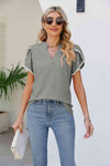 Pom-Pom Trim Petal Sleeve Notched Neck Top Blouses - Tophatter Daily Deals