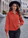 Collared Neck Raglan Sleeve Buttoned Blouse Red Orange Blouses - Tophatter Daily Deals