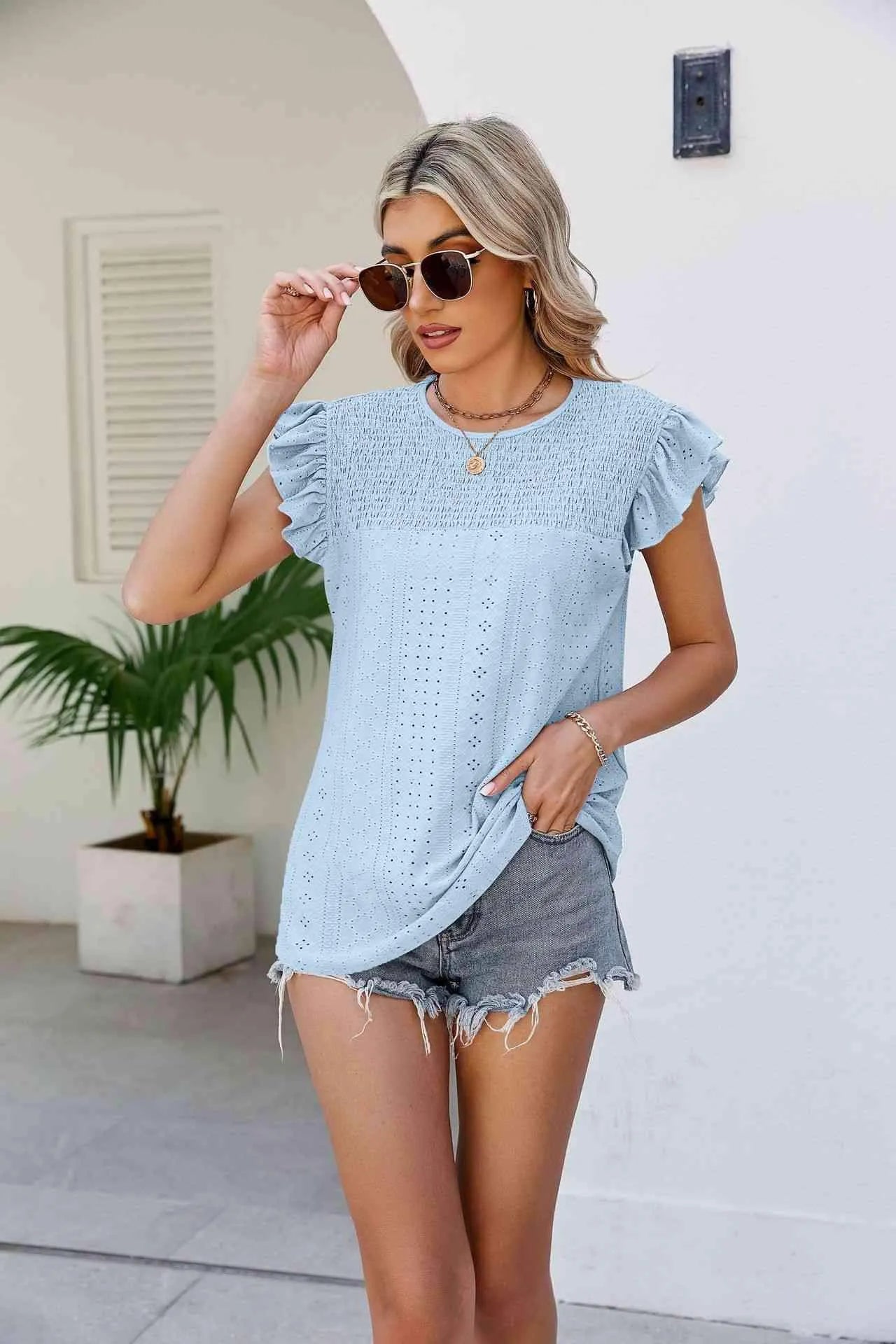 Smocked Round Neck Flutter Sleeve Top Blouses - Tophatter Daily Deals