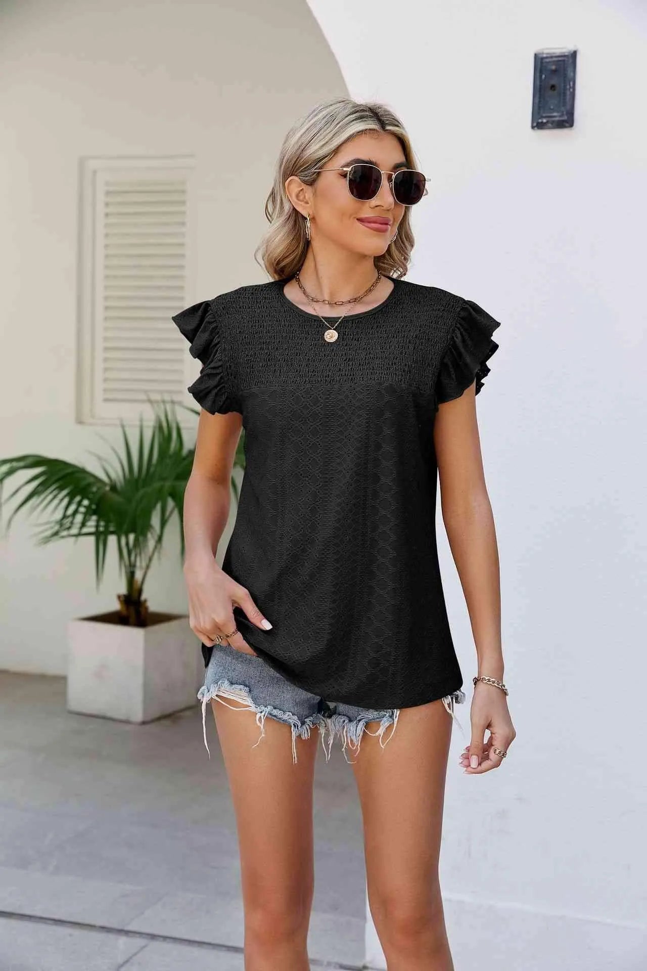 Smocked Round Neck Flutter Sleeve Top Blouses - Tophatter Daily Deals