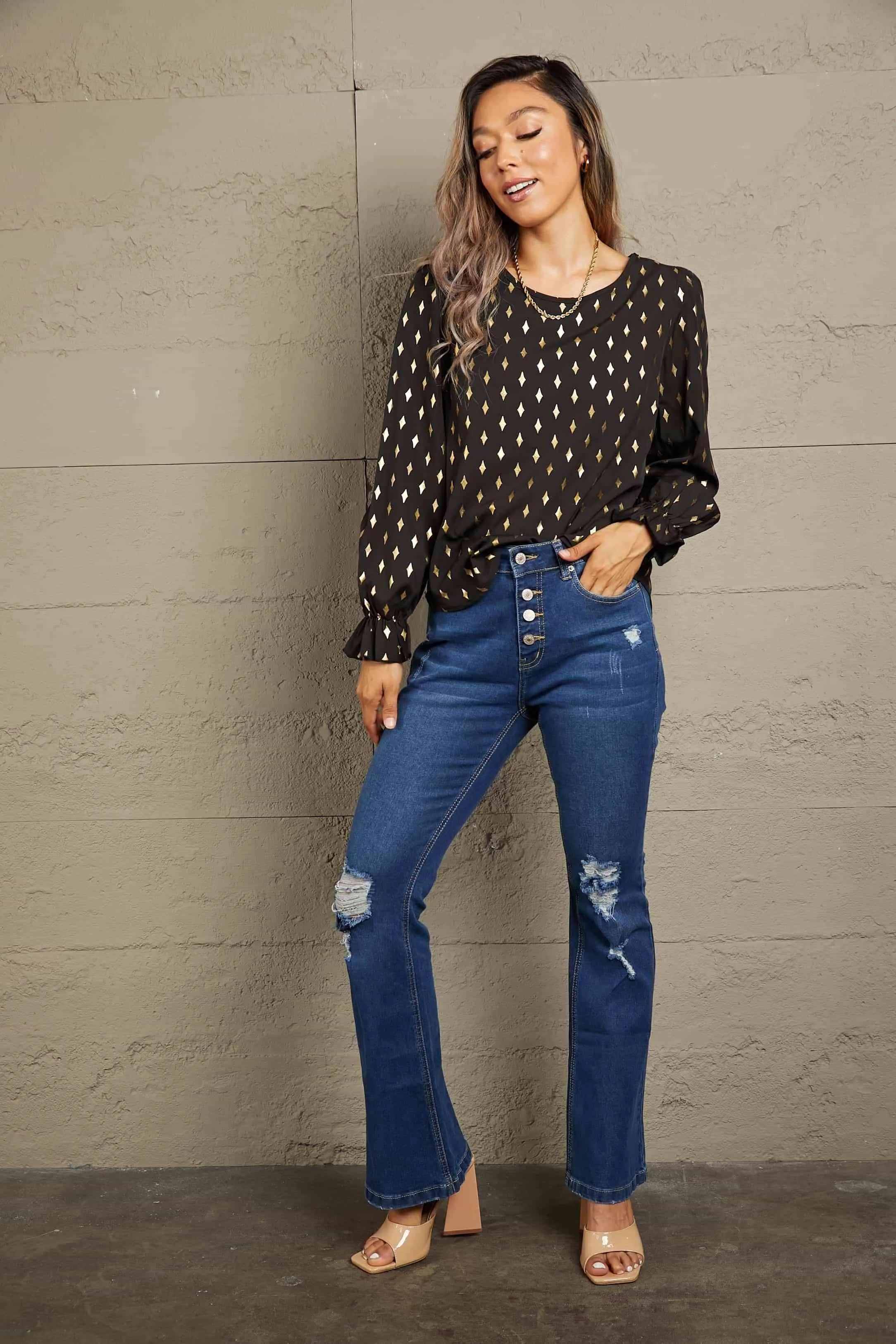 Double Take Printed Round Neck Flounce Sleeve Blouse Blouses - Tophatter Daily Deals