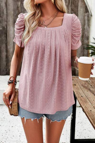 Eyelet Square Neck Puff Sleeve T-Shirt Women's T-Shirts - Tophatter Daily Deals