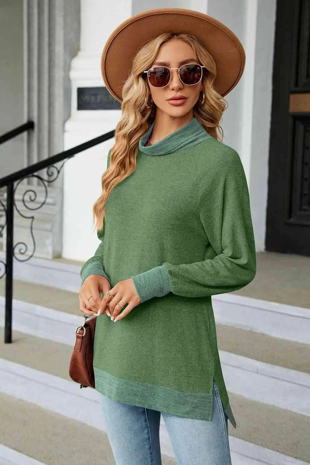 Turtle Neck Long Sleeve Slit Blouse Blouses - Tophatter Daily Deals
