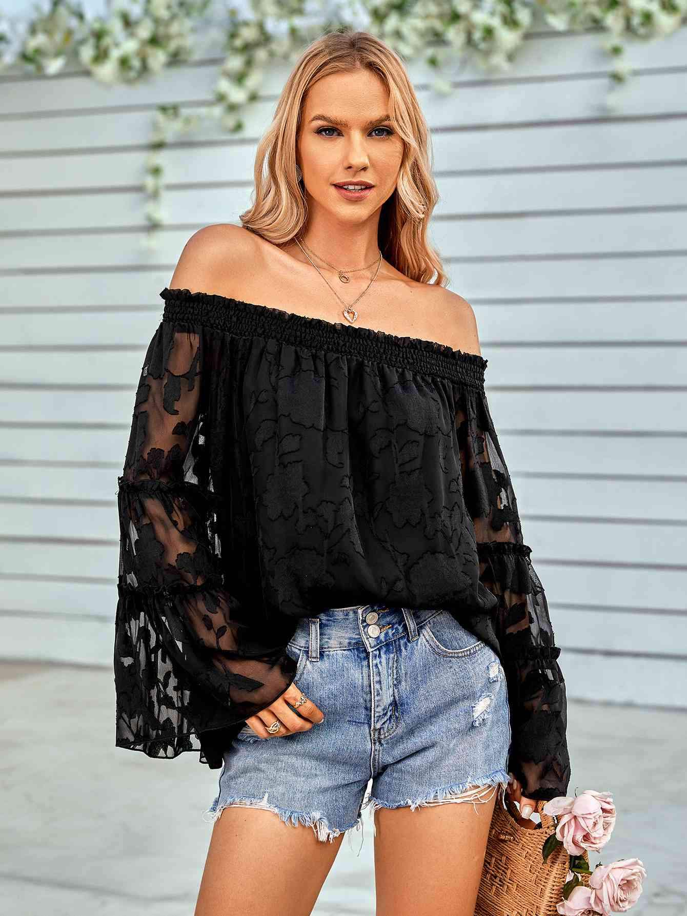 Applique Flounce Sleeve Off-Shoulder Blouse Black Blouses - Tophatter Daily Deals