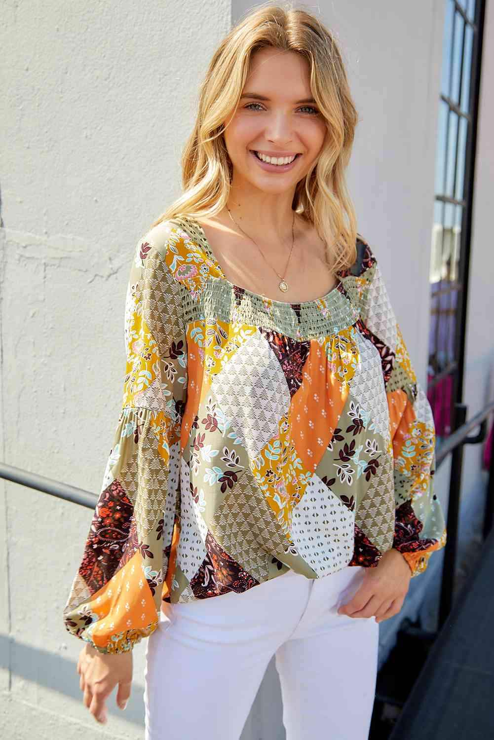 Patchwork Balloon Sleeve Blouse Blouses - Tophatter Daily Deals