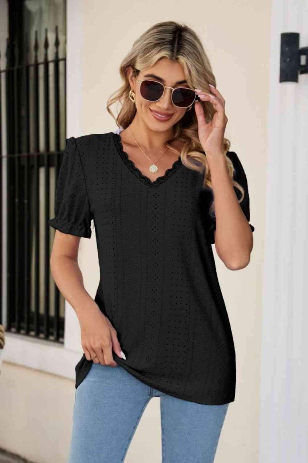 Eyelet Flounce Sleeve Scalloped V-Neck Top Black Blouses - Tophatter Daily Deals