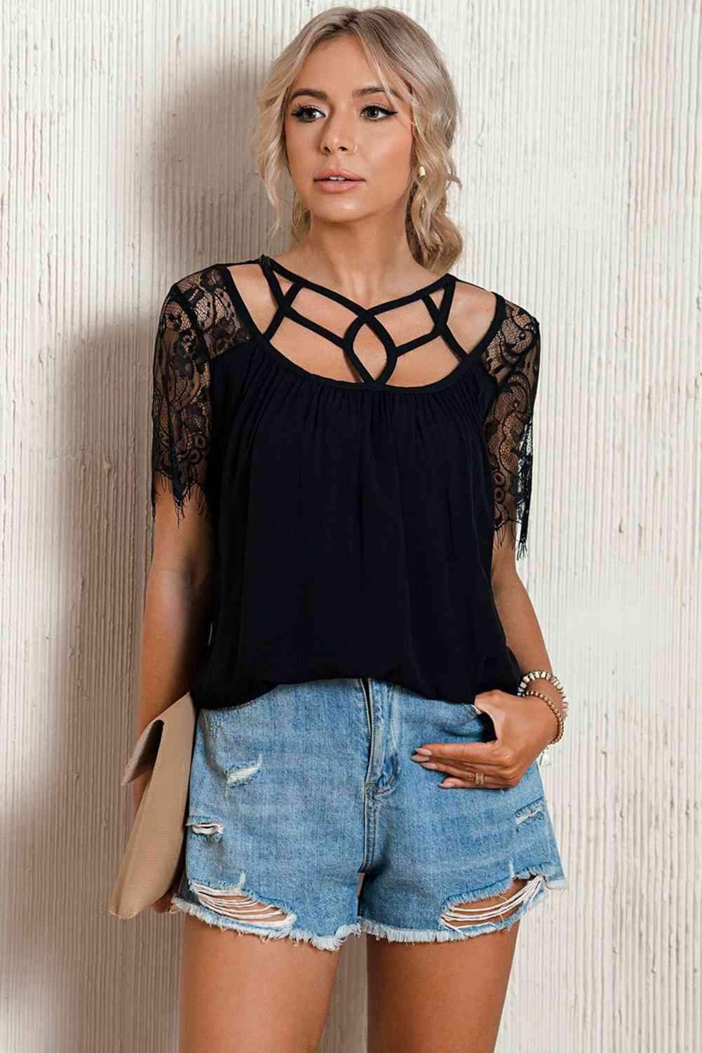 Strappy Neck Spliced Lace Eyelash Trim Blouse Blouses - Tophatter Daily Deals