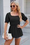 Eyelet Square Neck Short Sleeve T-Shirt Black Women's T-Shirts - Tophatter Daily Deals