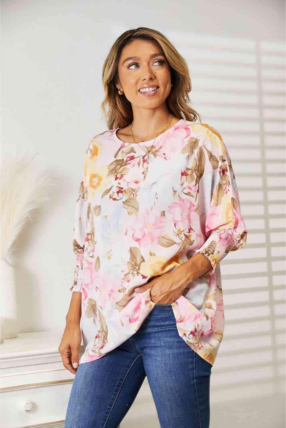 Double Take Floral Round Neck Three-Quarter Sleeve Top Blouses - Tophatter Daily Deals