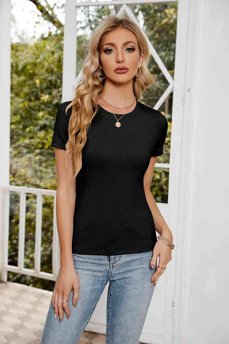 Short Sleeve Round Neck Tee Black Women's T-Shirts - Tophatter Daily Deals