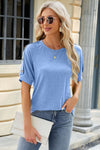 Round Neck Buttoned Short Sleeve T-Shirt Misty Blue Women's T-Shirts - Tophatter Daily Deals