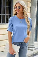 Round Neck Buttoned Short Sleeve T-Shirt Misty Blue Women's T-Shirts - Tophatter Daily Deals