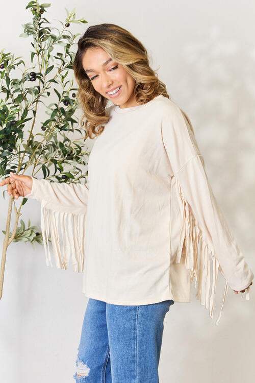 Celeste Full Size Fringe Detail Long Sleeve Blouse Blouses - Tophatter Daily Deals