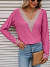 Double Take Contrast V-Neck Eyelet Long Sleeve Top Hot Pink Blouses - Tophatter Daily Deals