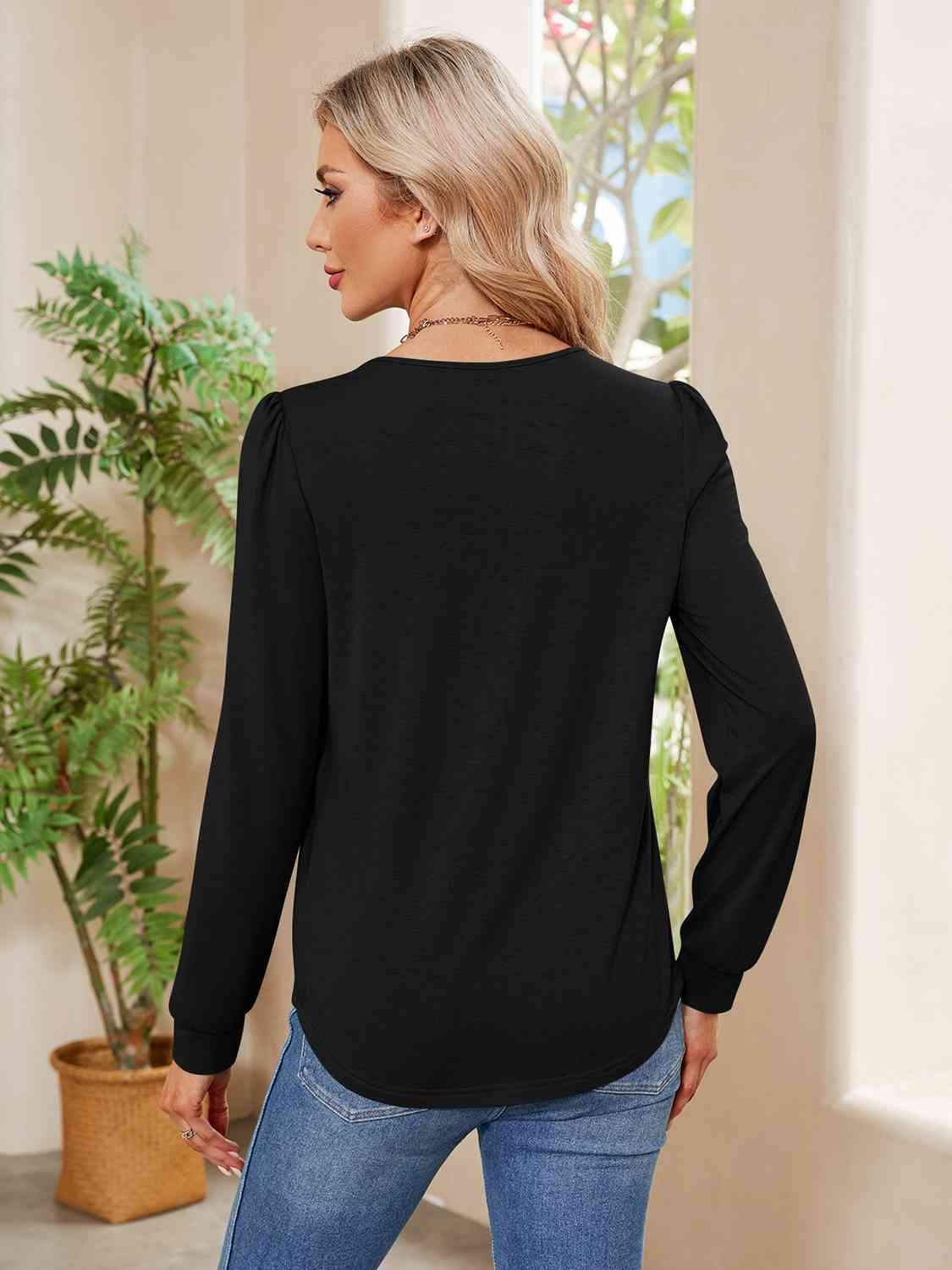 Ruched Round Neck Long Sleeve Blouse Blouses - Tophatter Daily Deals