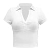 Buttoned Johnny Collar Short Sleeve Top Women's T-Shirts - Tophatter Daily Deals